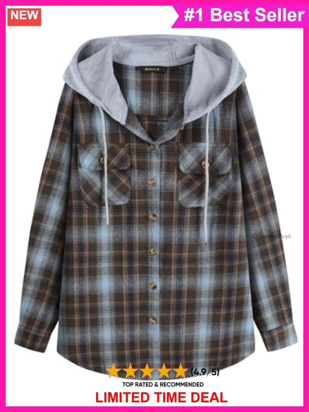 Womens Flannel Hoodie Plaid Button Down Shirt Long Sleeve Cotton Blend Casual